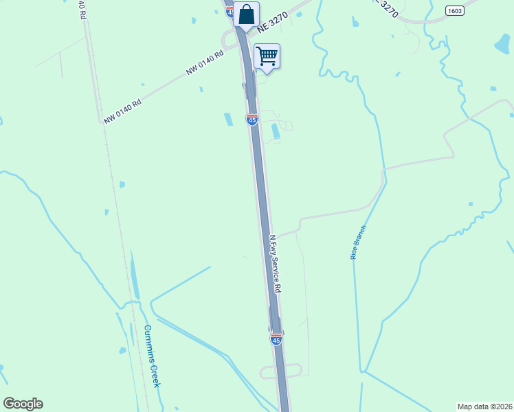 map of restaurants, bars, coffee shops, grocery stores, and more near Interstate 45 in Rice