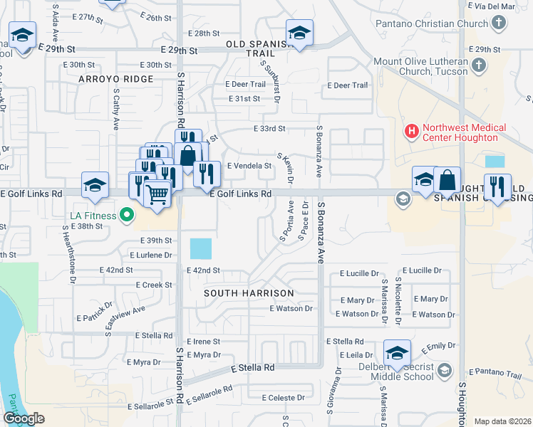 map of restaurants, bars, coffee shops, grocery stores, and more near 2725 South Pace West Drive in Tucson