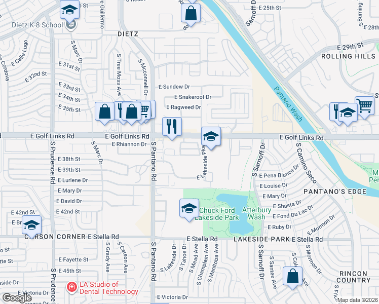 map of restaurants, bars, coffee shops, grocery stores, and more near 7941 East Lakeside Parkway in Tucson