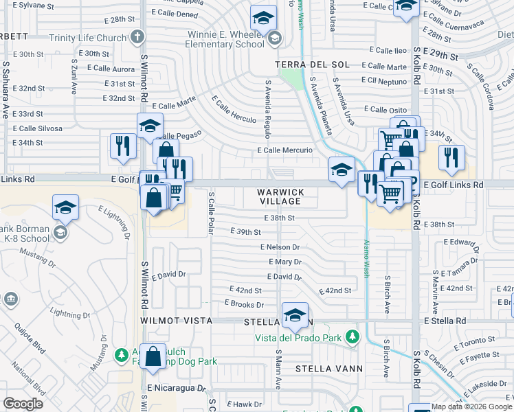 map of restaurants, bars, coffee shops, grocery stores, and more near 6666 East Golf Links Road in Tucson
