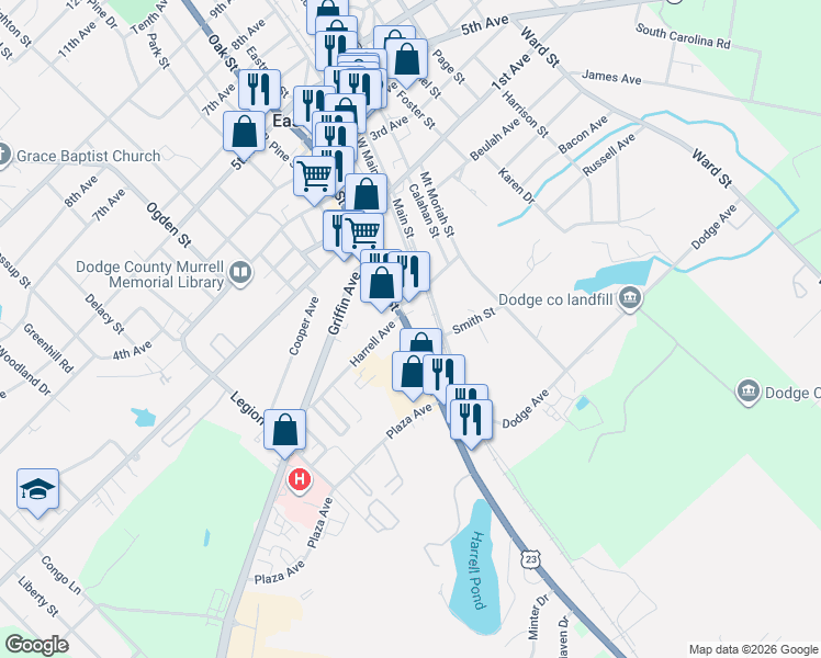 map of restaurants, bars, coffee shops, grocery stores, and more near 617 College St in Eastman