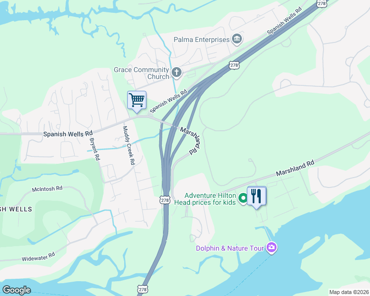 map of restaurants, bars, coffee shops, grocery stores, and more near 1001 Marshland Road in Hilton Head Island