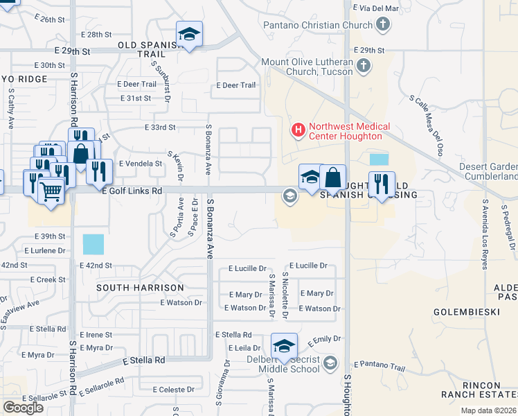 map of restaurants, bars, coffee shops, grocery stores, and more near 10050 East Golf Links Road in Tucson