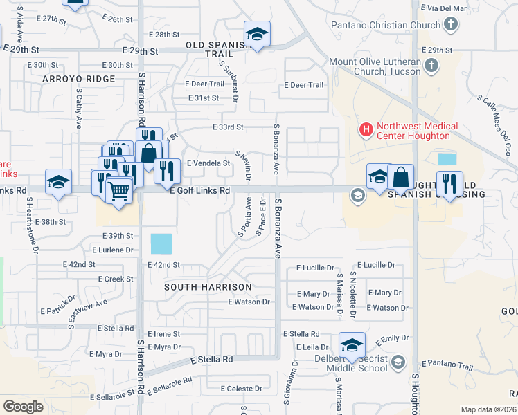 map of restaurants, bars, coffee shops, grocery stores, and more near 2600 South Pace East Drive in Tucson