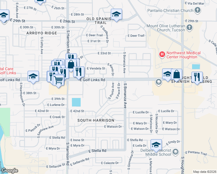map of restaurants, bars, coffee shops, grocery stores, and more near 2602 South Black Moon Drive in Tucson
