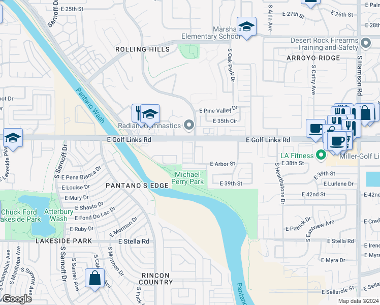 map of restaurants, bars, coffee shops, grocery stores, and more near 8851 East Elvenstone Way in Tucson