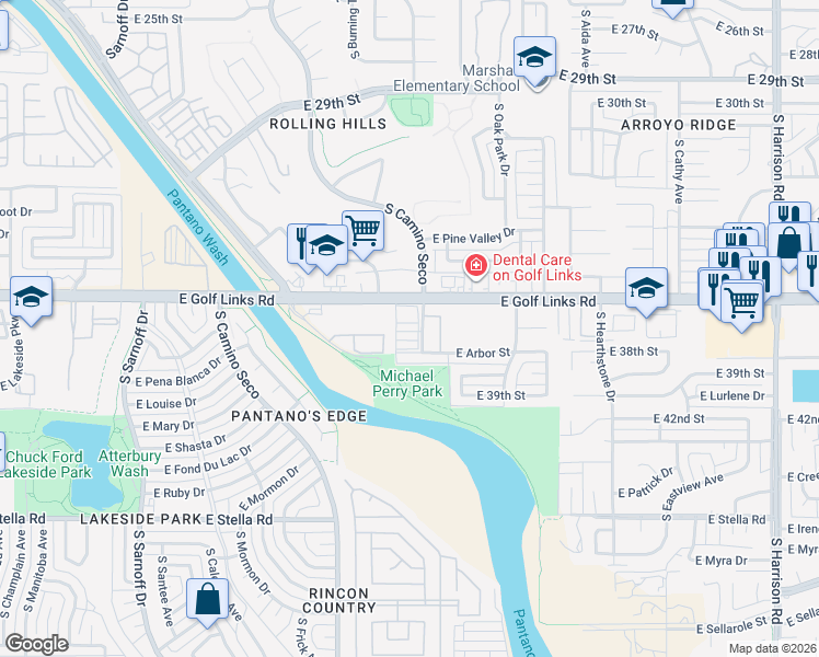 map of restaurants, bars, coffee shops, grocery stores, and more near 8851 East Elvenstone Way in Tucson