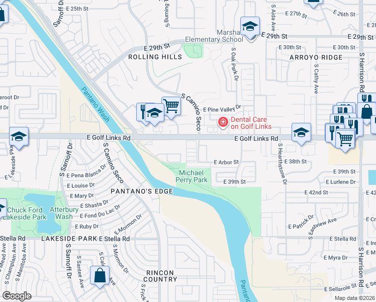 map of restaurants, bars, coffee shops, grocery stores, and more near 2646 South Oakenshield Way in Tucson
