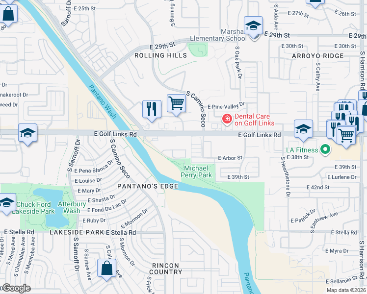 map of restaurants, bars, coffee shops, grocery stores, and more near 2646 South Oakenshield Way in Tucson