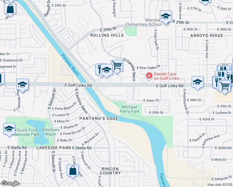 map of restaurants, bars, coffee shops, grocery stores, and more near 8750 East Golf Links Road in Tucson