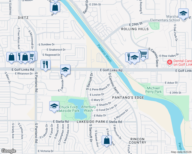map of restaurants, bars, coffee shops, grocery stores, and more near 2602 South Jaguar Road in Tucson