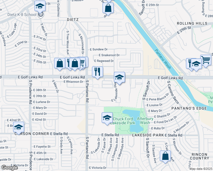 map of restaurants, bars, coffee shops, grocery stores, and more near 8028 East Golf Links Road in Tucson
