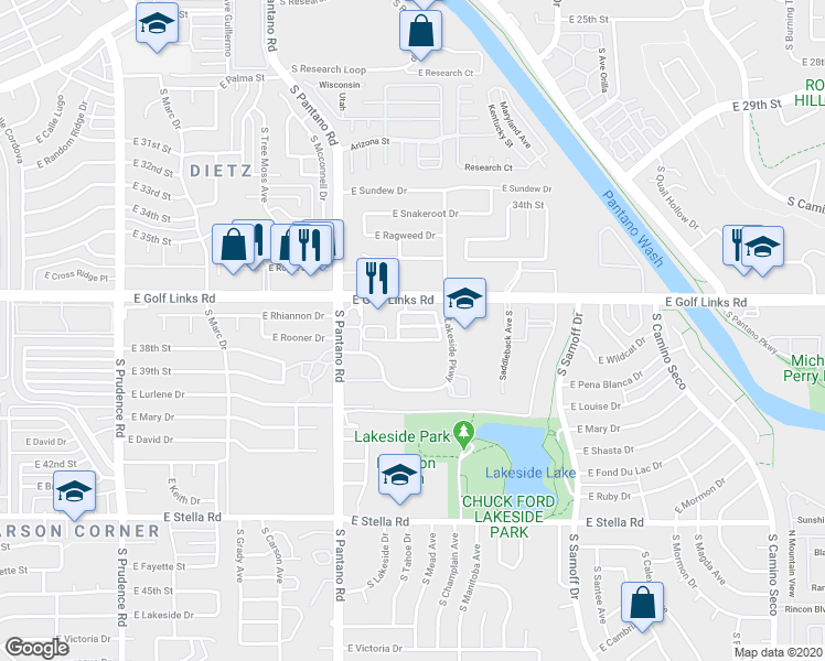 map of restaurants, bars, coffee shops, grocery stores, and more near 8028 East Golf Links Road in Tucson
