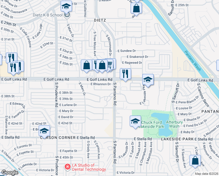 map of restaurants, bars, coffee shops, grocery stores, and more near 7873 East Rhiannon Drive in Tucson