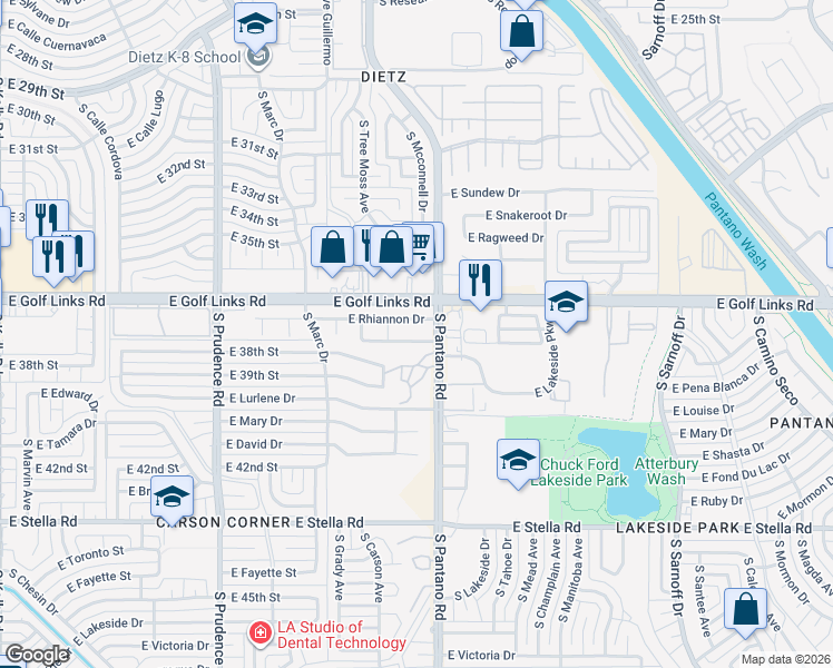 map of restaurants, bars, coffee shops, grocery stores, and more near 7873 East Rhiannon Drive in Tucson