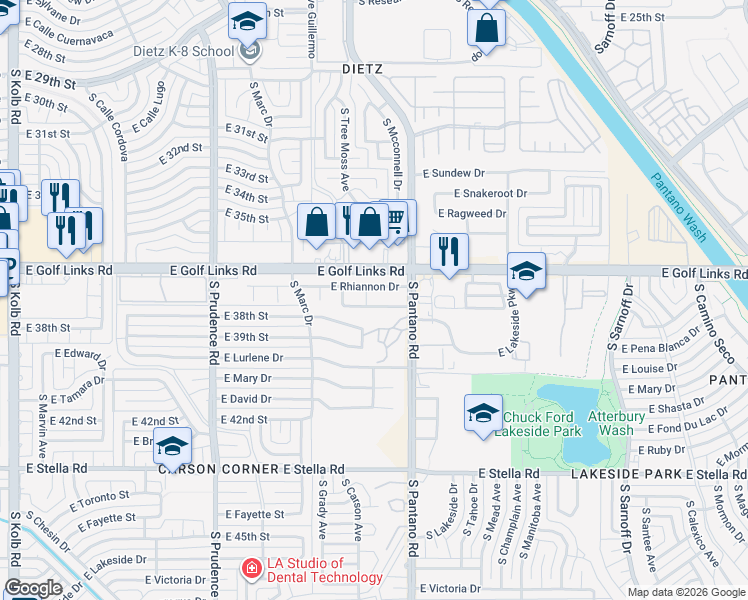 map of restaurants, bars, coffee shops, grocery stores, and more near 7797 East Rhiannon Drive in Tucson