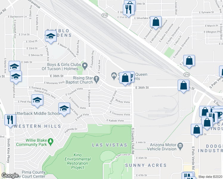 map of restaurants, bars, coffee shops, grocery stores, and more near 2915 East 36th Street in Tucson