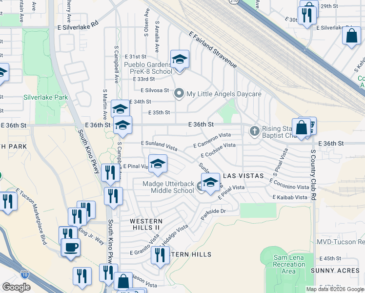 map of restaurants, bars, coffee shops, grocery stores, and more near 2230 East Monterey Vista in Tucson
