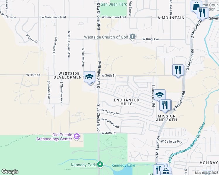 map of restaurants, bars, coffee shops, grocery stores, and more near 2048 West Cadbury Court in Tucson