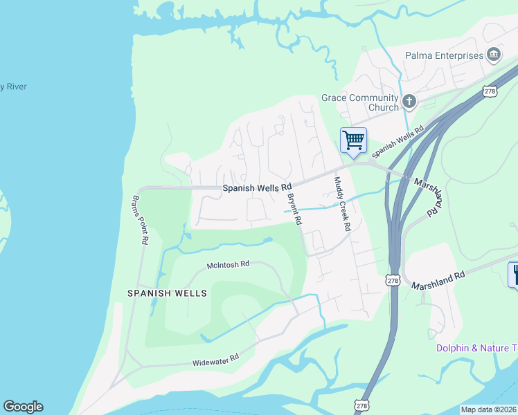 map of restaurants, bars, coffee shops, grocery stores, and more near 56 Timbercrest Circle in Hilton Head Island