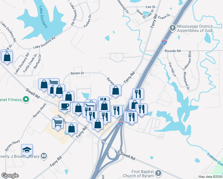 map of restaurants, bars, coffee shops, grocery stores, and more near 5659 Terry Road in Byram