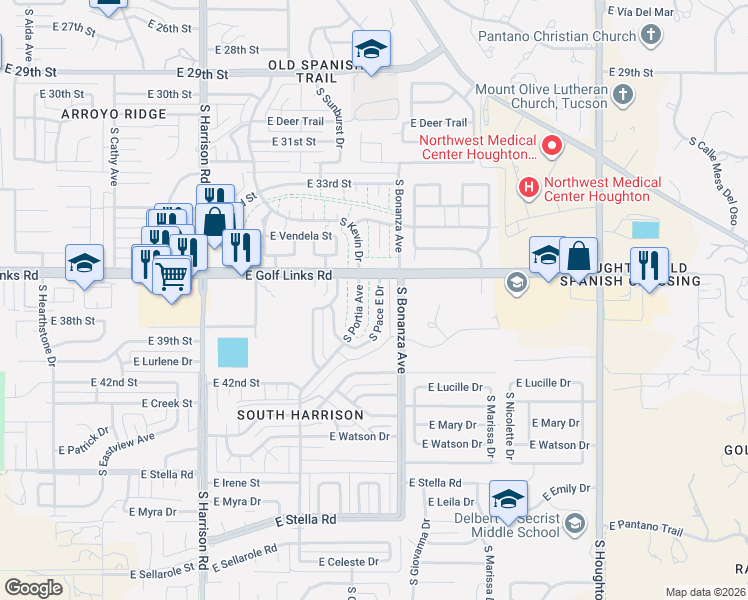 map of restaurants, bars, coffee shops, grocery stores, and more near 2600 South Pace East Drive in Tucson