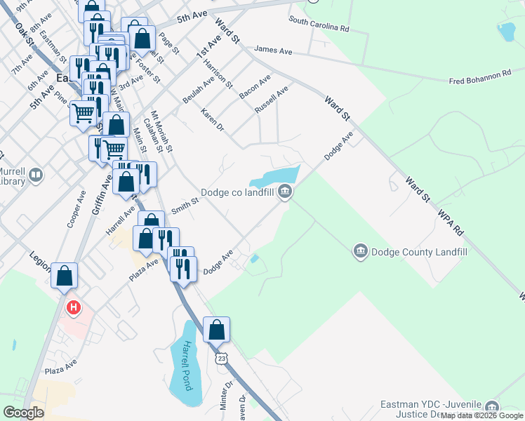 map of restaurants, bars, coffee shops, grocery stores, and more near 603 Dodge Avenue in Eastman
