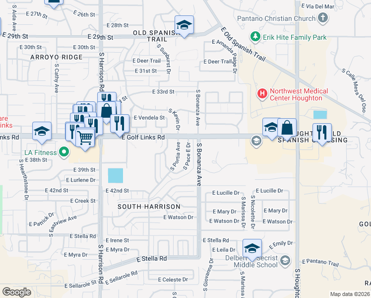 map of restaurants, bars, coffee shops, grocery stores, and more near 2600 South Pace East Drive in Tucson