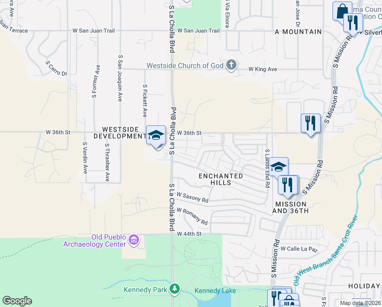 map of restaurants, bars, coffee shops, grocery stores, and more near 2048 West Cadbury Court in Tucson