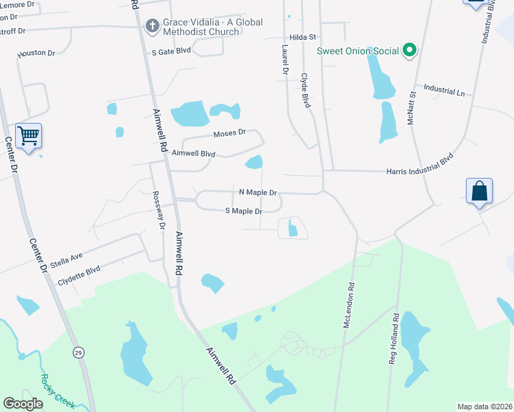 map of restaurants, bars, coffee shops, grocery stores, and more near 2001 North Maple Drive in Vidalia