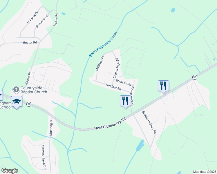map of restaurants, bars, coffee shops, grocery stores, and more near 215 Wessex Road in Guyton