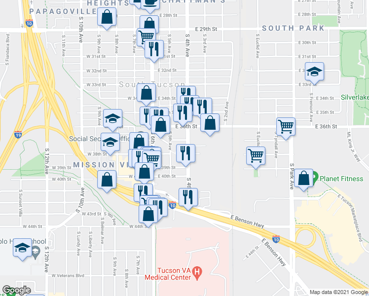 map of restaurants, bars, coffee shops, grocery stores, and more near 2750 South 4th Avenue in Tucson