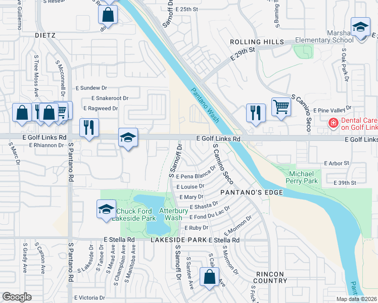 map of restaurants, bars, coffee shops, grocery stores, and more near 2602 South Jaguar Road in Tucson