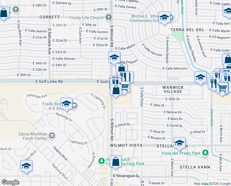map of restaurants, bars, coffee shops, grocery stores, and more near 6320 East Golf Links Road in Tucson
