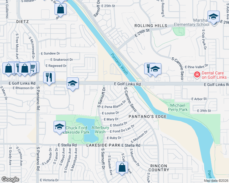 map of restaurants, bars, coffee shops, grocery stores, and more near 2611 South Panther Place in Tucson