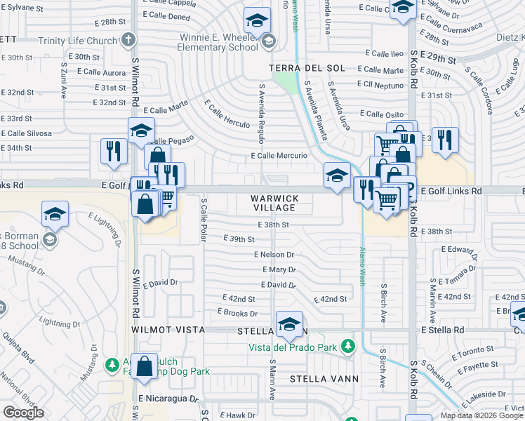 map of restaurants, bars, coffee shops, grocery stores, and more near 6646 East Golf Links Road in Tucson