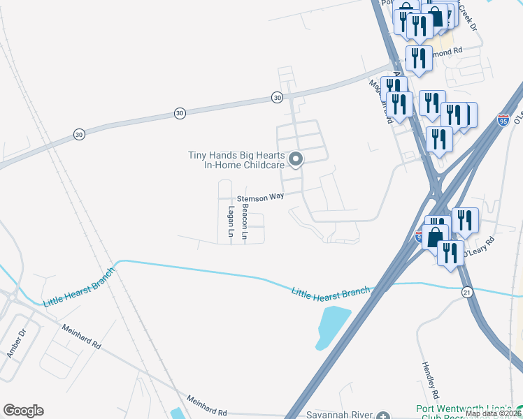 map of restaurants, bars, coffee shops, grocery stores, and more near 12 Tiller Way in Port Wentworth