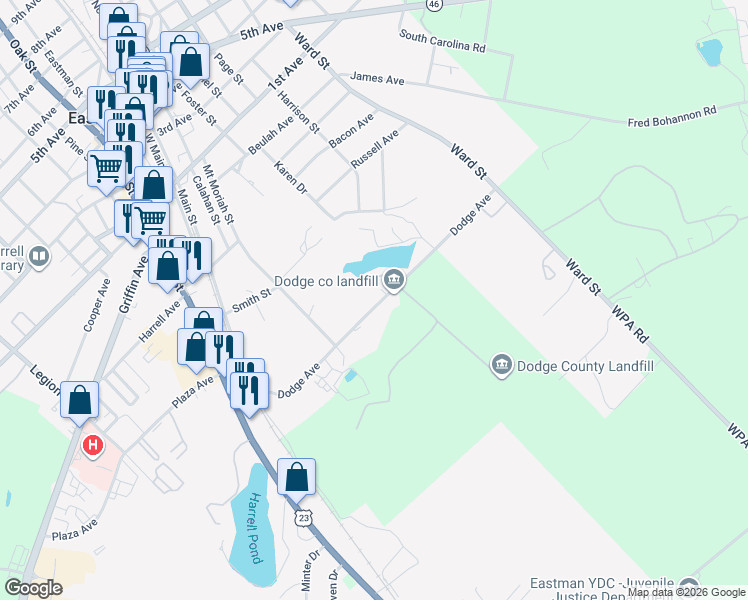 map of restaurants, bars, coffee shops, grocery stores, and more near 603 Dodge Avenue in Eastman