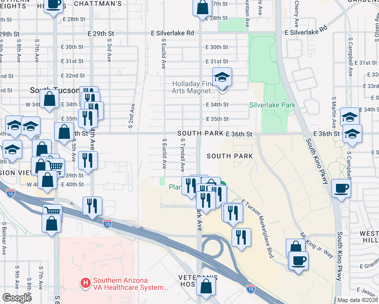 map of restaurants, bars, coffee shops, grocery stores, and more near in Tucson