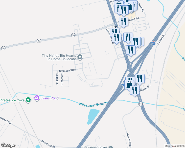 map of restaurants, bars, coffee shops, grocery stores, and more near 76 Bearing Circle in Port Wentworth