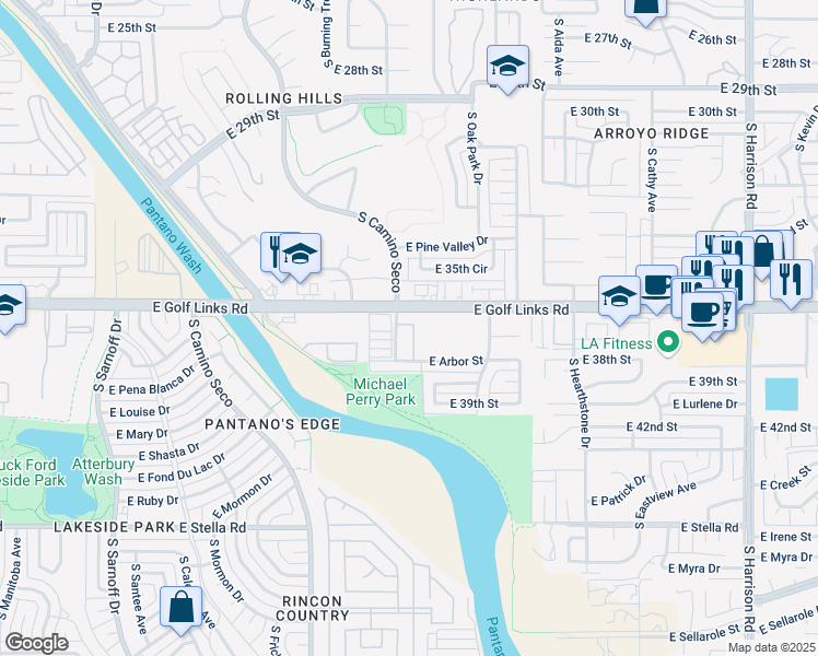 map of restaurants, bars, coffee shops, grocery stores, and more near 8851 East Elvenstone Way in Tucson