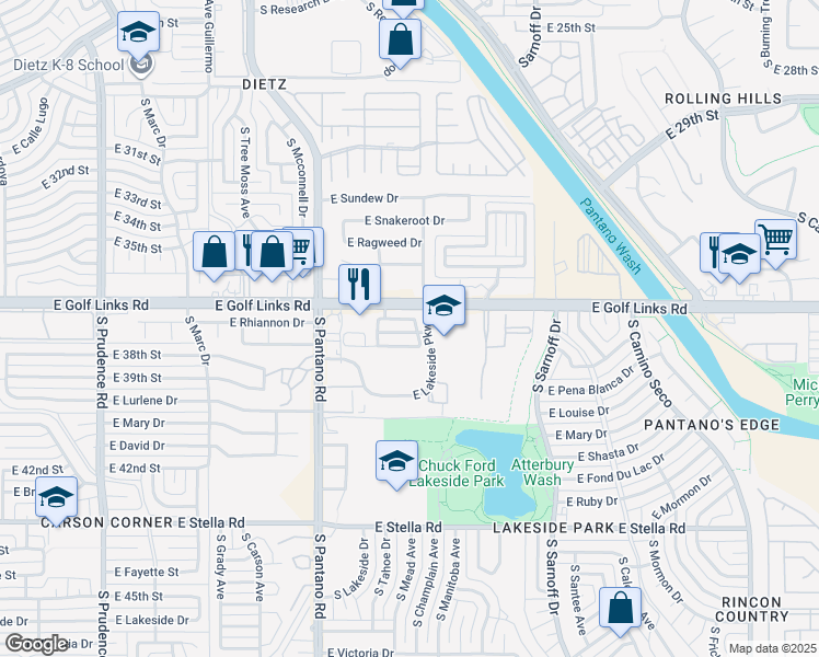 map of restaurants, bars, coffee shops, grocery stores, and more near 8095 East Cabinet Street in Tucson