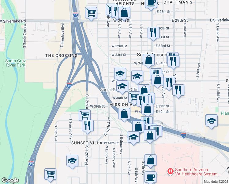 map of restaurants, bars, coffee shops, grocery stores, and more near 9 West 37th Street in Tucson
