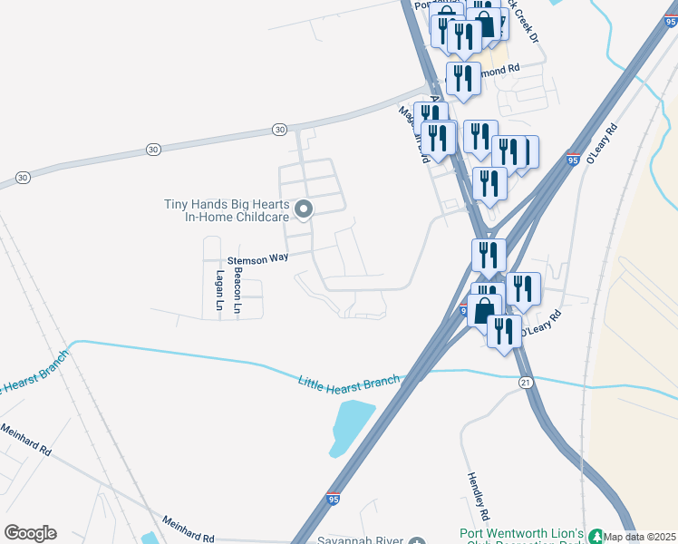 map of restaurants, bars, coffee shops, grocery stores, and more near 13 Bearing Circle in Savannah