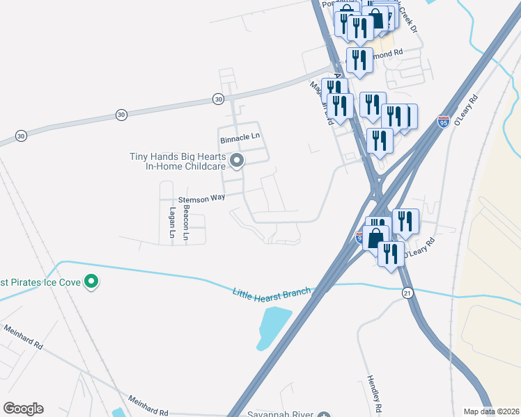 map of restaurants, bars, coffee shops, grocery stores, and more near 13 Bearing Circle in Savannah