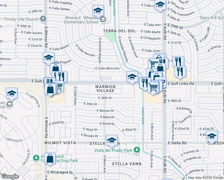 map of restaurants, bars, coffee shops, grocery stores, and more near 6710 East Golf Links Road in Tucson