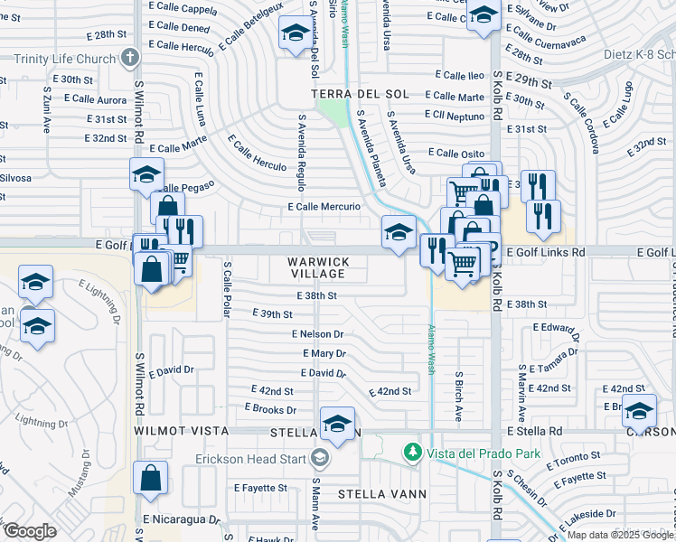 map of restaurants, bars, coffee shops, grocery stores, and more near 6710 East Golf Links Road in Tucson