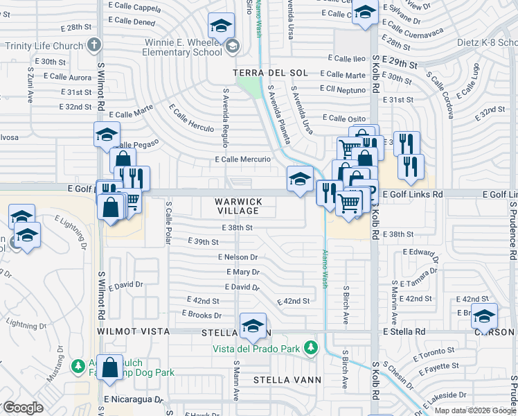 map of restaurants, bars, coffee shops, grocery stores, and more near 6710 East Golf Links Road in Tucson