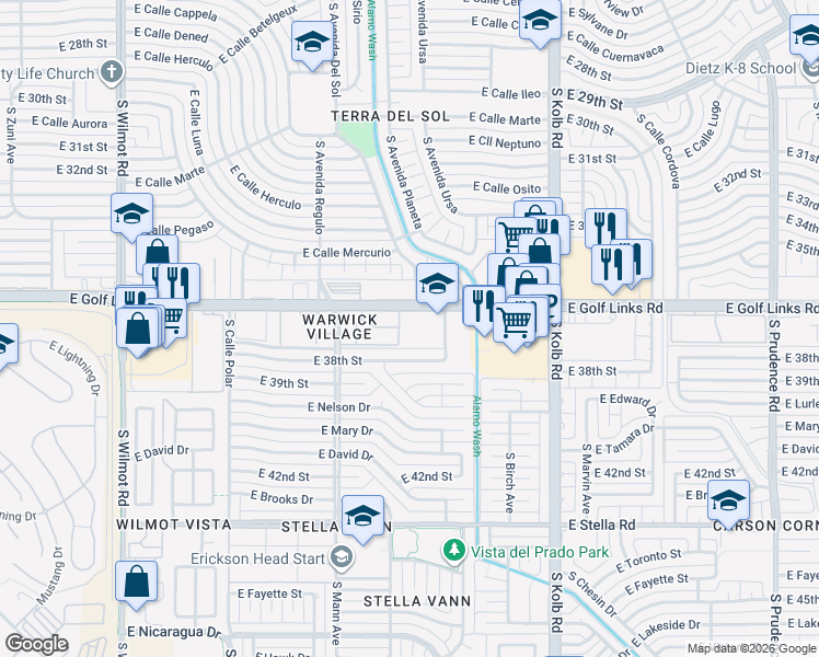 map of restaurants, bars, coffee shops, grocery stores, and more near 6850 East Golf Links Road in Tucson