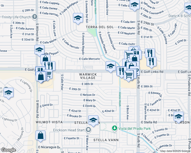 map of restaurants, bars, coffee shops, grocery stores, and more near 6710 East Golf Links Road in Tucson